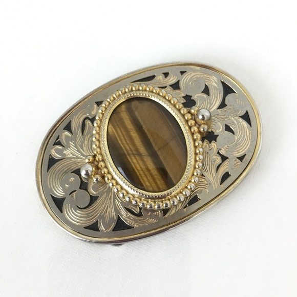 Tiger's Eye Western Style Belt Buckle Oval Gold Silver Filigree Finish Unisex - Picture 5 of 10